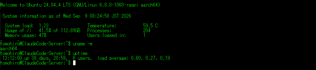 Raspberry Pi 5にログインしたターミナル画面。Ubuntu 24.04.4 LTS、カーネル6.8.0-1060-raspi、aarch64。uname -m の結果はaarch64、uptime の結果は up 38 days、CPU温度は59.5度